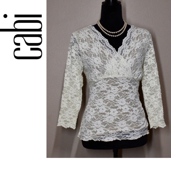 CAbi Tops - CAbi Ivory Lace Empire Crossover 3/4 Sleeve Top XL